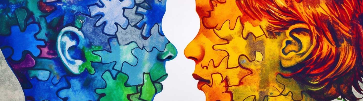 Two silhouetted heads with puzzle pieces