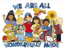 Children with all abilities with the caption "we are all wonderfully made"