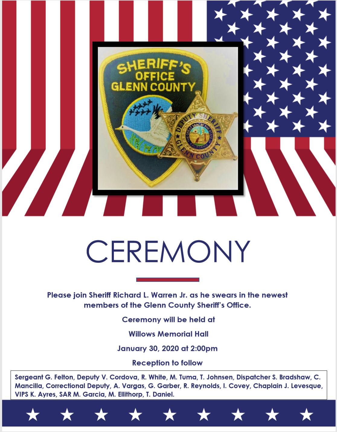 Flyer for the swearing in ceremony 1-30-2020
