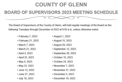2023 Board of Supervisors Regular Meeting Schedule